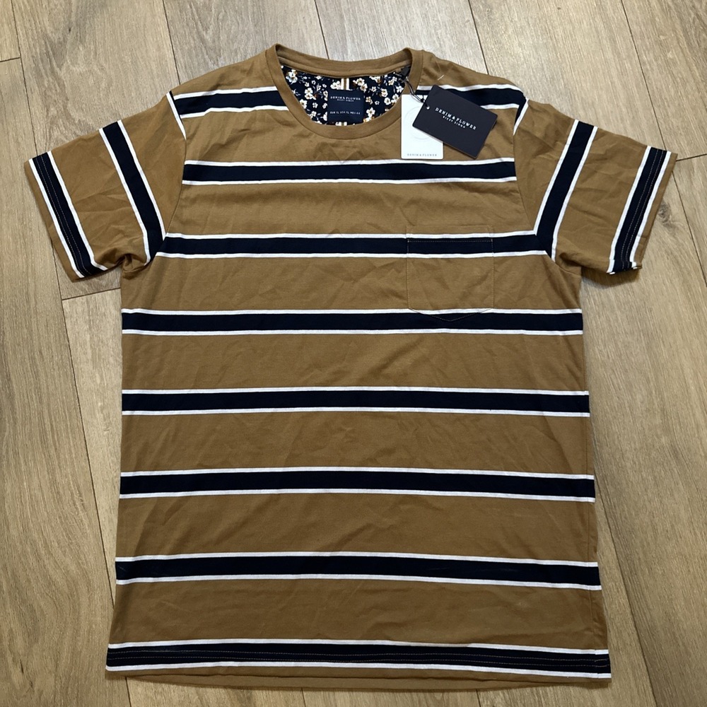 Denim and Flower Ricky Singh Striped T-Shirt Cream Size‎ X-Large New
